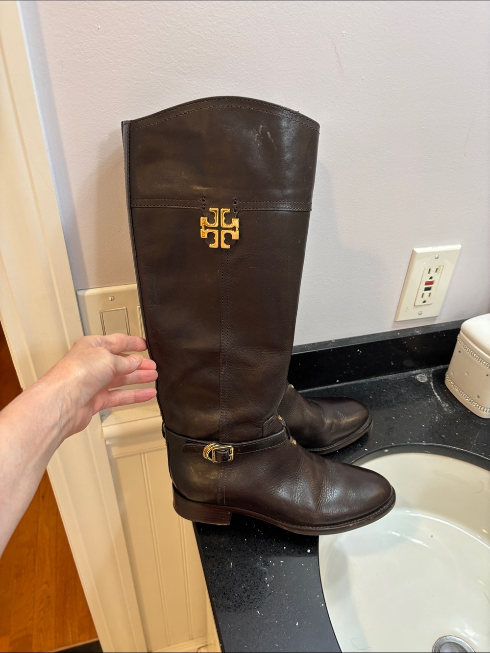 Tory Burch Brown Leather Knee-High Riding Boots with Gold Logo